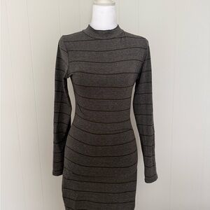 Cotton On Charcoal Stripe Ribbed Long Sleeve Midi Dress